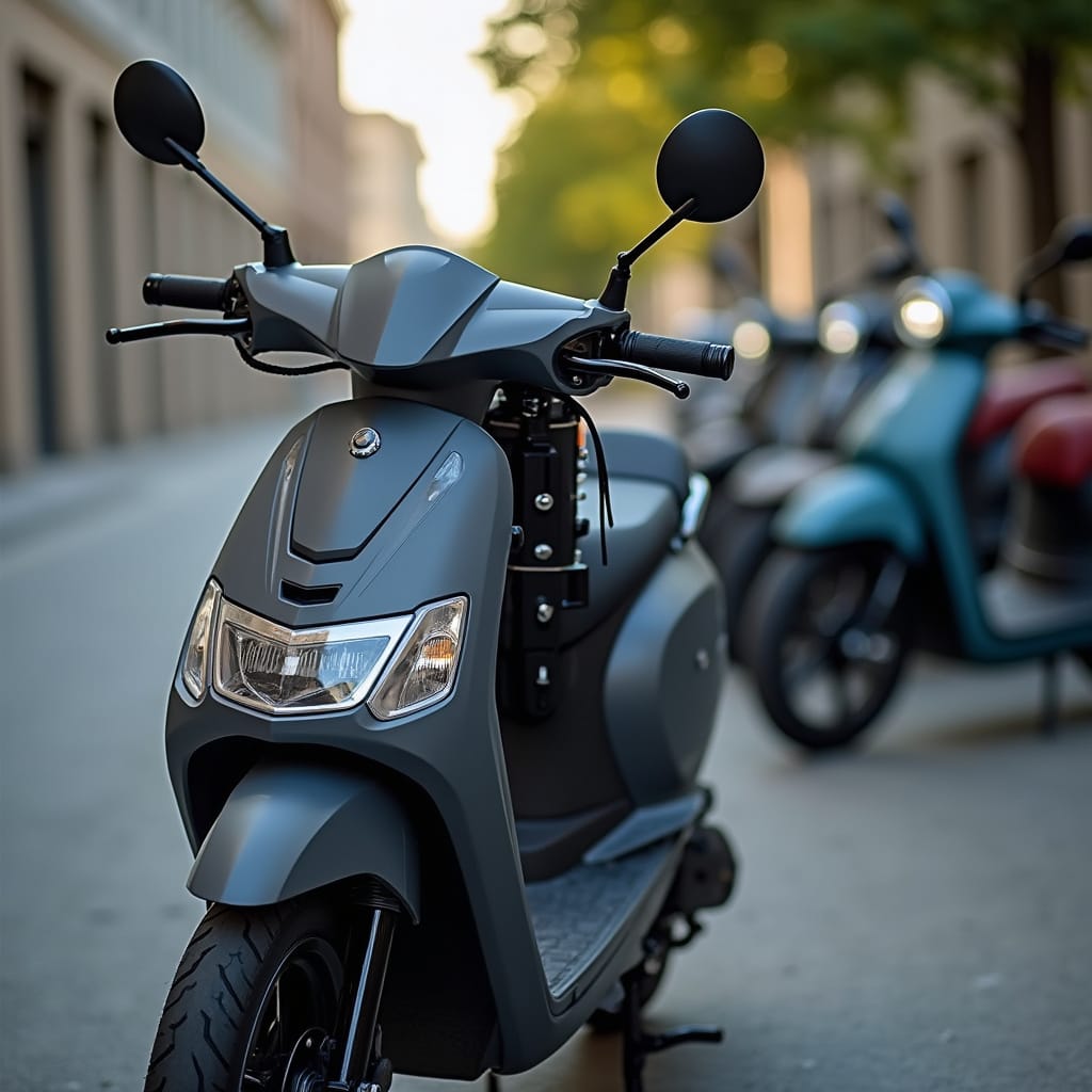 Alt-text : Un scooter équipé dun dispositif de blocage de direction dans un parking sécurisé.