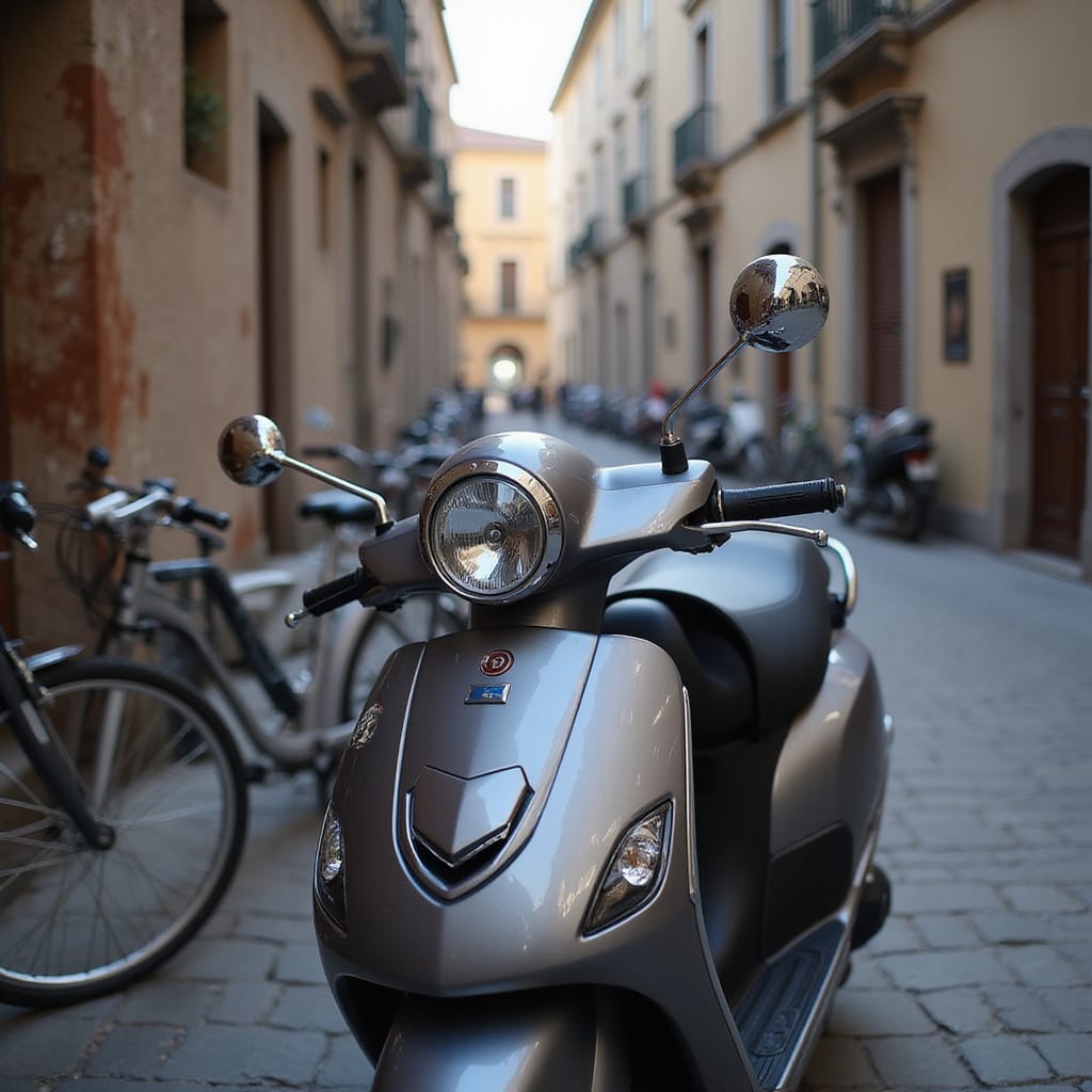 Alt-text : Un scooter équipé dun dispositif de blocage de direction dans un parking sécurisé.