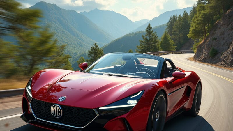 [Une MG Cyberster Propulsion en pleine conduite sur une route sinueuse, capote ouverte, avec des montagnes en arrière-plan]