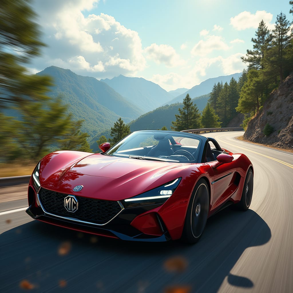 [Une MG Cyberster Propulsion en pleine conduite sur une route sinueuse, capote ouverte, avec des montagnes en arrière-plan]