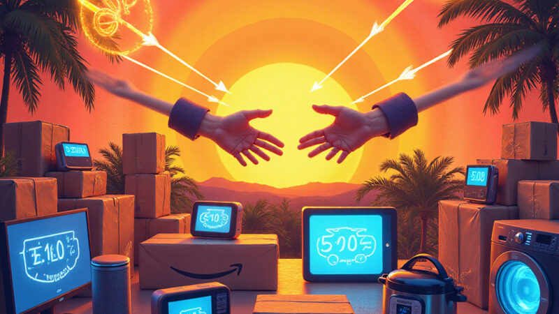 Une photo montrant une sélection de produits en promotion pendant le Prime Day, avec des étiquettes de réduction bien visibles.