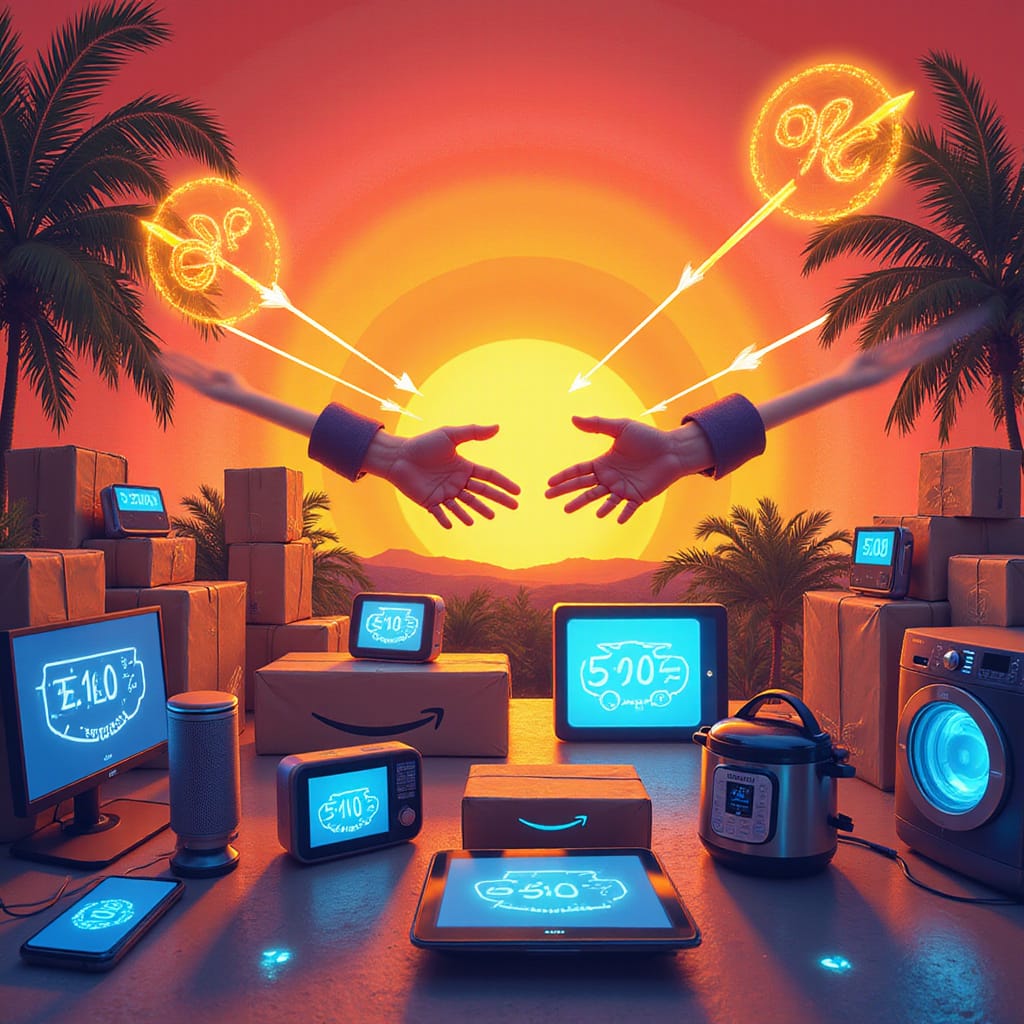 Une photo montrant une sélection de produits en promotion pendant le Prime Day, avec des étiquettes de réduction bien visibles.