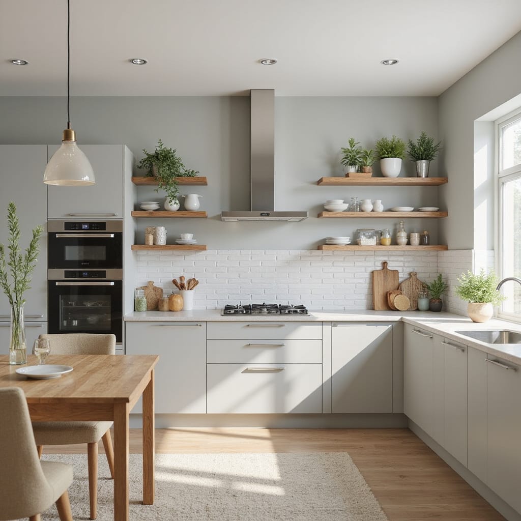 Peinture résistante aux taches appliquée sur un mur de cuisine moderne et lumineux.