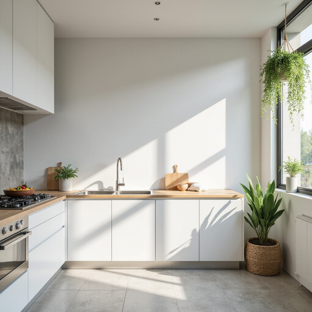 Peinture résistante aux taches appliquée sur un mur de cuisine moderne et lumineux.