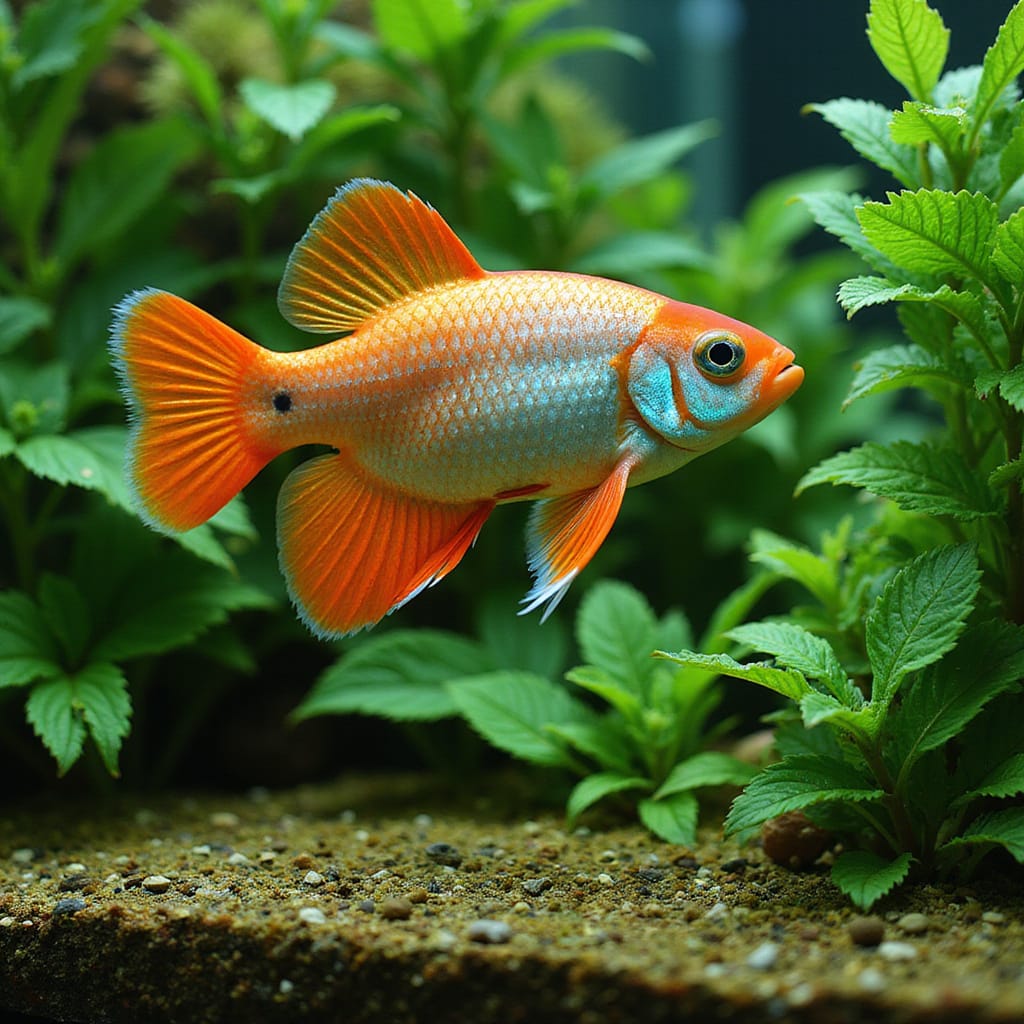 Poissons colorés nageant parmi des plantes aquatiques dans un aquarium harmonieux et bien entretenu.
