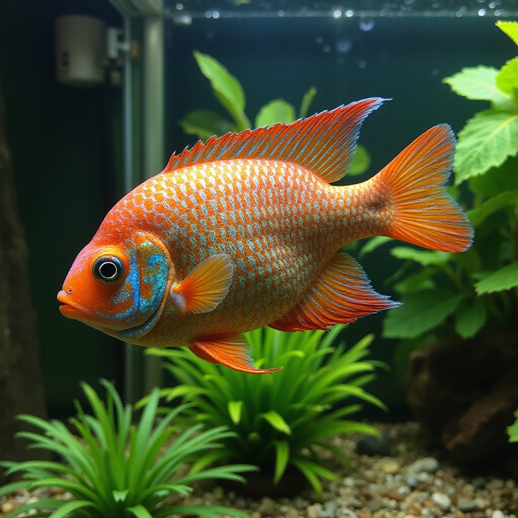 Poissons colorés nageant parmi des plantes aquatiques dans un aquarium harmonieux et bien entretenu.