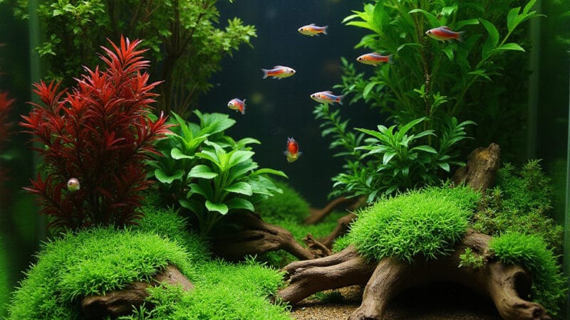 Poissons colorés nageant parmi des plantes aquatiques dans un aquarium harmonieux et bien entretenu.