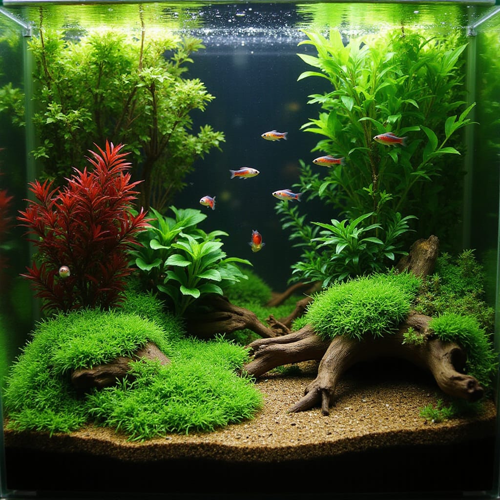 Poissons colorés nageant parmi des plantes aquatiques dans un aquarium harmonieux et bien entretenu.