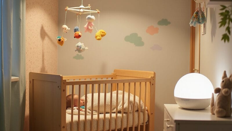 Un bébé endormi paisiblement avec un appareil diffusant des bruits blancs en arrière-plan.