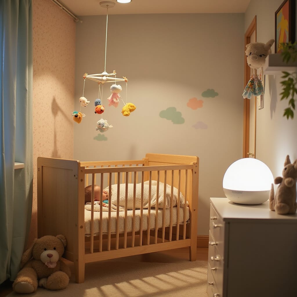 Un bébé endormi paisiblement avec un appareil diffusant des bruits blancs en arrière-plan.