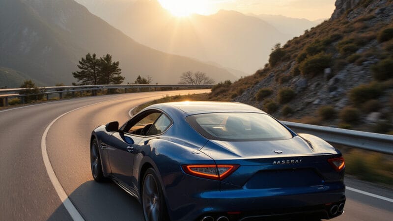 [Une Maserati MCPura en mouvement sur une route de montagne, avec un design agressif et des éléments en carbone visibles.]