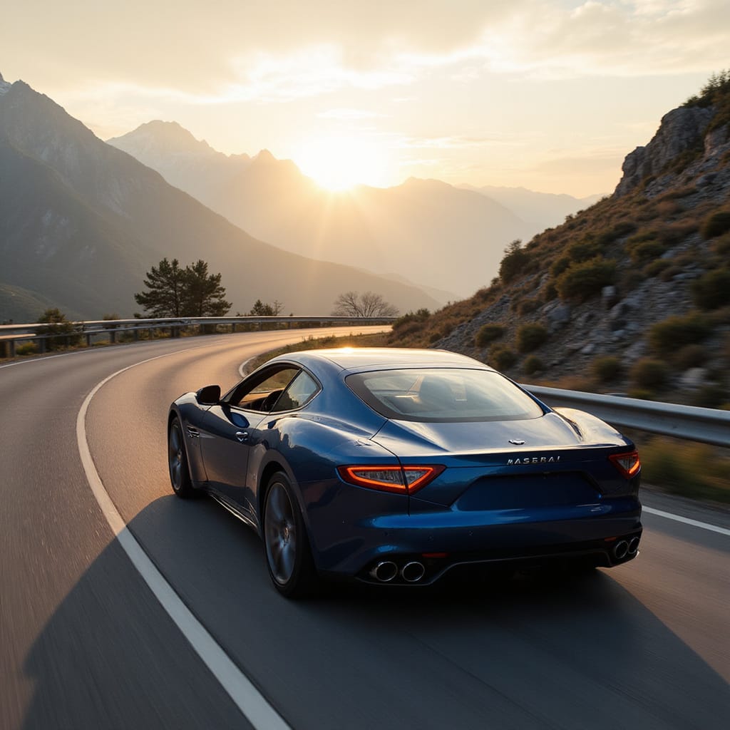 [Une Maserati MCPura en mouvement sur une route de montagne, avec un design agressif et des éléments en carbone visibles.]