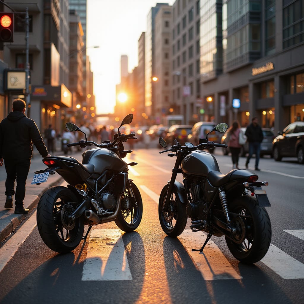 Alt-text : Comparaison visuelle entre une moto adventure et une moto naked en milieu urbain, illustrant leurs différences de design et de position de conduite.