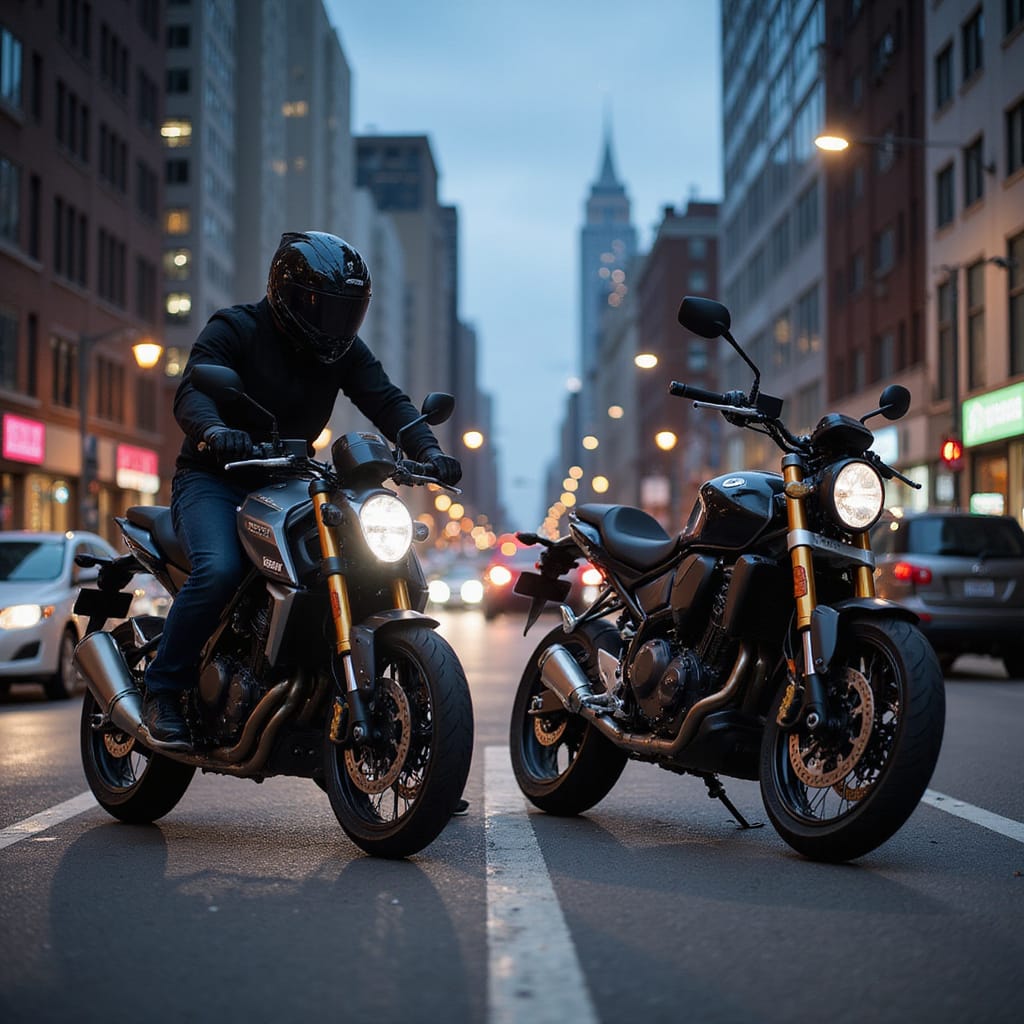 Alt-text : Comparaison visuelle entre une moto adventure et une moto naked en milieu urbain, illustrant leurs différences de design et de position de conduite.