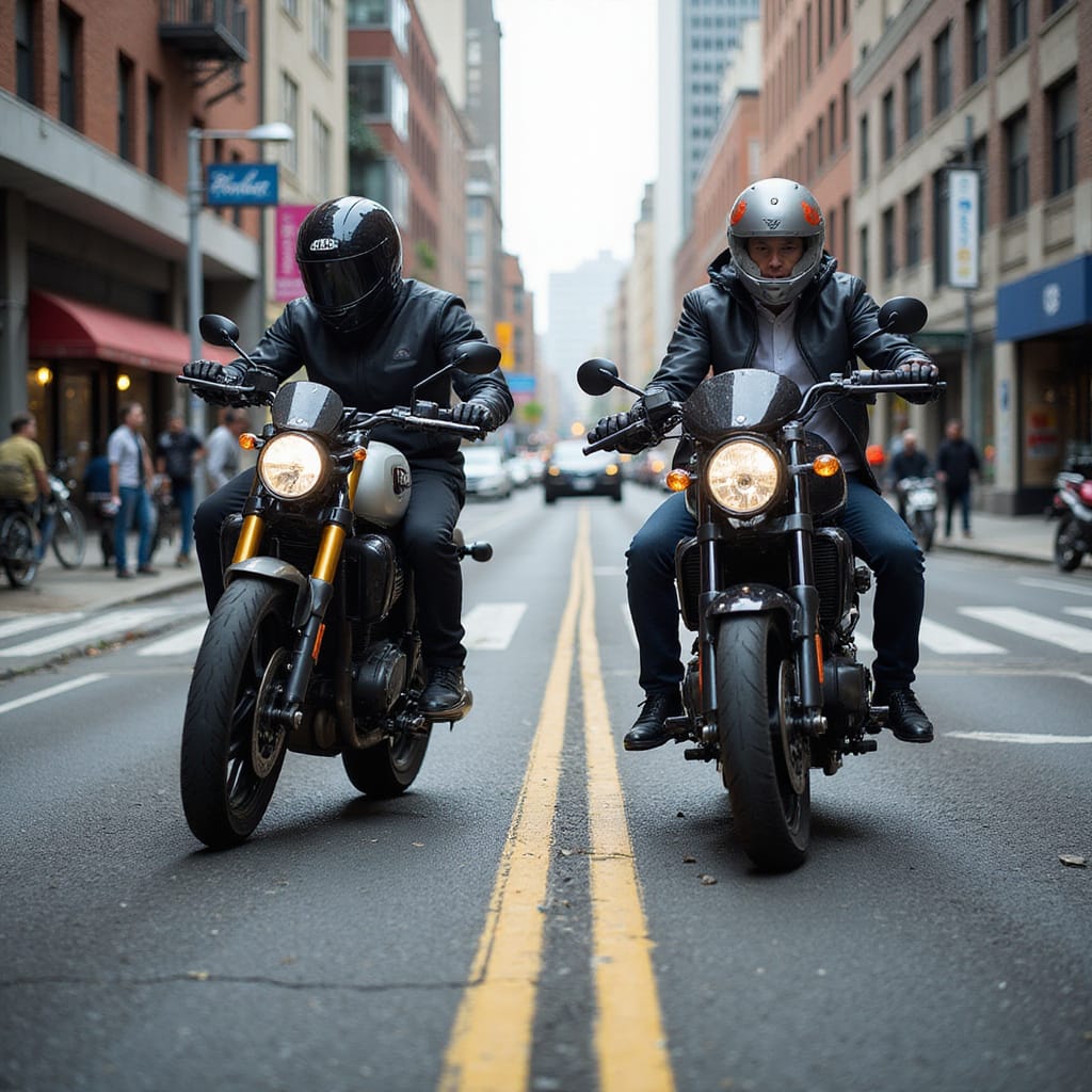 Alt-text : Comparaison visuelle entre une moto adventure et une moto naked en milieu urbain, illustrant leurs différences de design et de position de conduite.