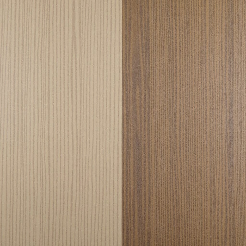 Alt-text : Comparaison visuelle entre des panneaux vinyle et une planche massive posés dans une cuisine moderne.