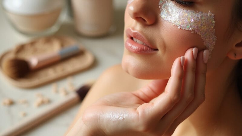 Image de texture nacrée d’un produit SPF appliqué sur la peau, montrant un fini lumineux.