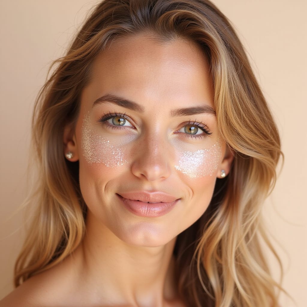 Image de texture nacrée d’un produit SPF appliqué sur la peau, montrant un fini lumineux.