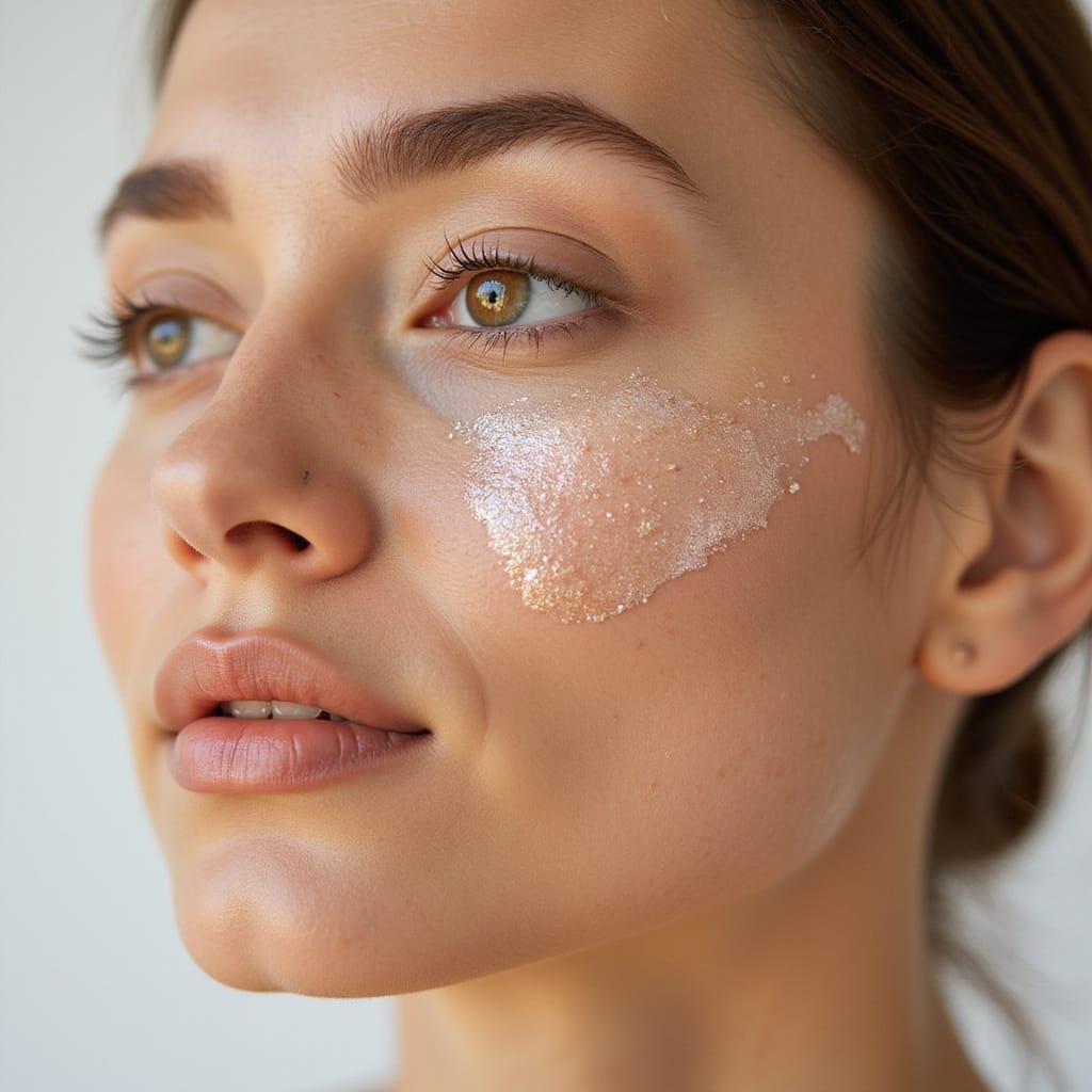 Image de texture nacrée d’un produit SPF appliqué sur la peau, montrant un fini lumineux.