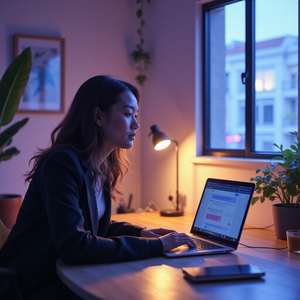 Une femme assise devant son ordinateur, engageant une conversation avec ChatGPT. Elle sourit, montrant un mélange de curiosité et de satisfaction.