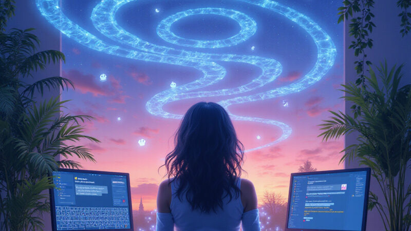 Une femme assise devant son ordinateur, engageant une conversation avec ChatGPT. Elle sourit, montrant un mélange de curiosité et de satisfaction.