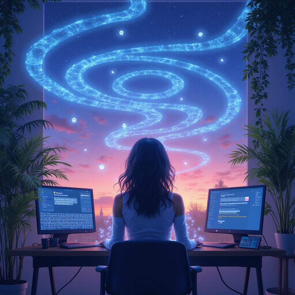 Une femme assise devant son ordinateur, engageant une conversation avec ChatGPT. Elle sourit, montrant un mélange de curiosité et de satisfaction.