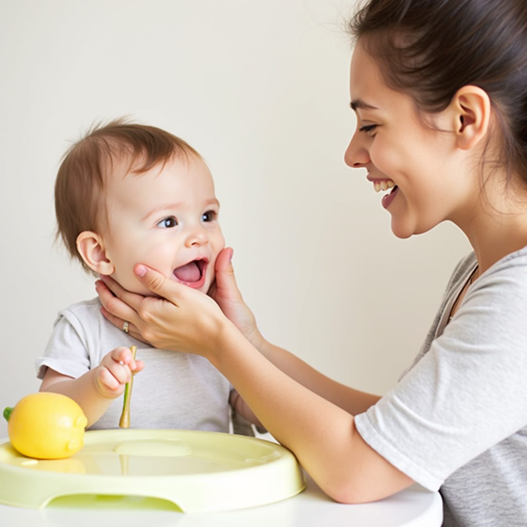 Alt-text : Un bébé joyeux babillant avec un parent, illustrant les premières étapes du développement du langage.