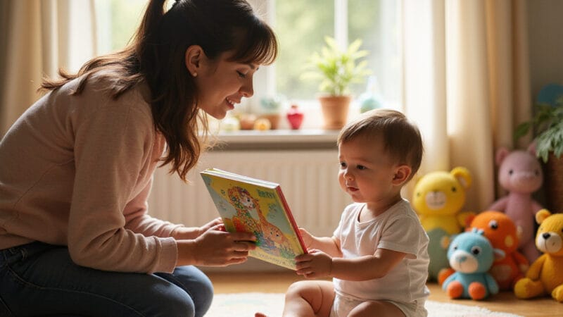 Alt-text : Un bébé joyeux babillant avec un parent, illustrant les premières étapes du développement du langage.