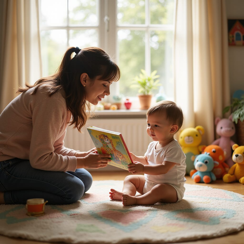 Alt-text : Un bébé joyeux babillant avec un parent, illustrant les premières étapes du développement du langage.
