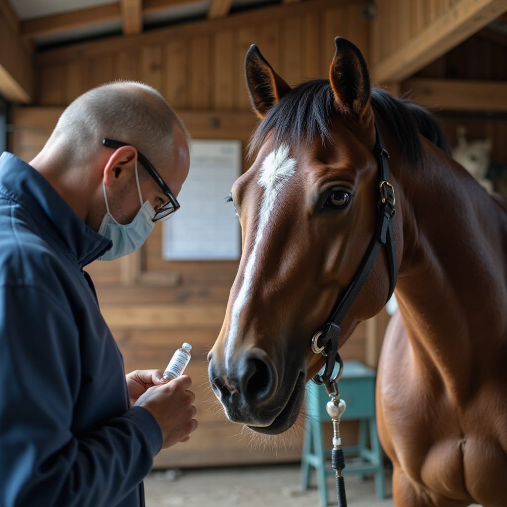 Cheval recevant une injection de vaccin contre la grippe équine et le tétanos dans une écurie bien éclairée ```