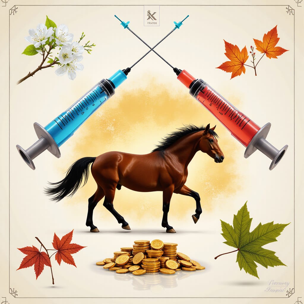 Cheval recevant une injection de vaccin contre la grippe équine et le tétanos dans une écurie bien éclairée ```