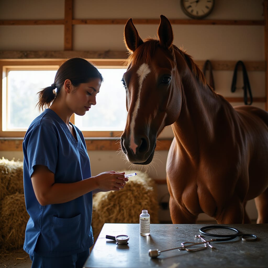 Cheval recevant une injection de vaccin contre la grippe équine et le tétanos dans une écurie bien éclairée ```