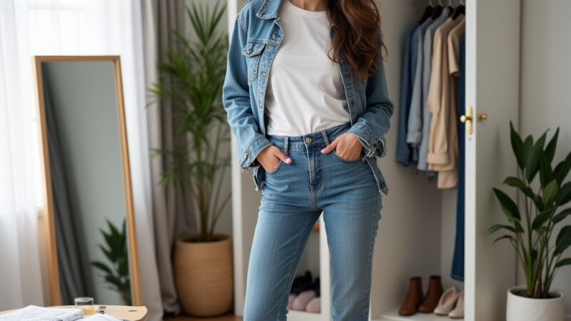 Image d’une garde-robe organisée avec des pièces intemporelles comme des chemises blanches, des jeans et des trenchs, symbolisant un style de base réussi.
