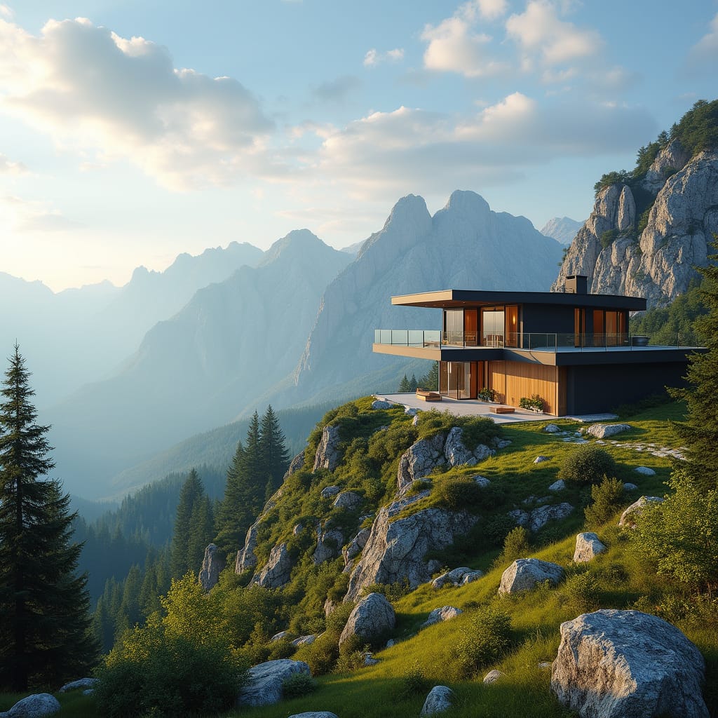Une maison moderne avec une vue panoramique sur les montagnes enneigées, entourée dune nature luxuriante.