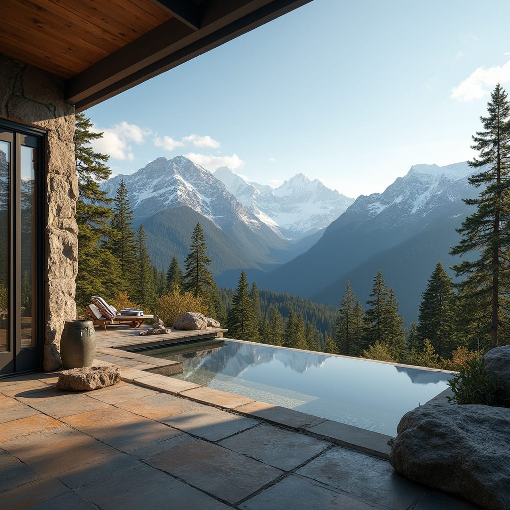Une maison moderne avec une vue panoramique sur les montagnes enneigées, entourée dune nature luxuriante.