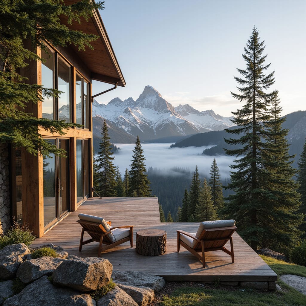 Une maison moderne avec une vue panoramique sur les montagnes enneigées, entourée dune nature luxuriante.
