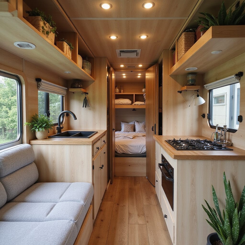 Camping-car avec rangements astucieux sous les sièges et parois, organisés avec des boîtes et filets.