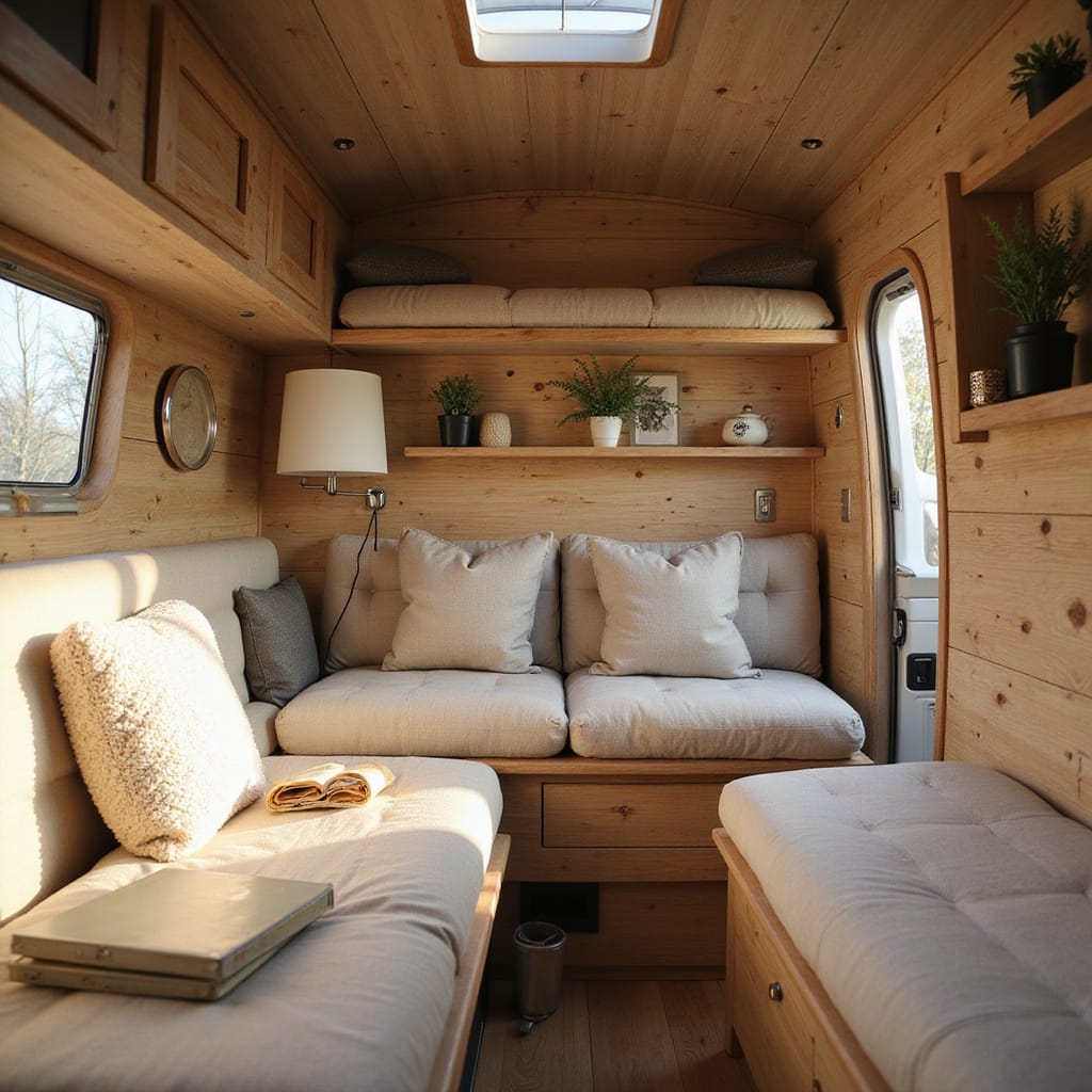 Camping-car avec rangements astucieux sous les sièges et parois, organisés avec des boîtes et filets.