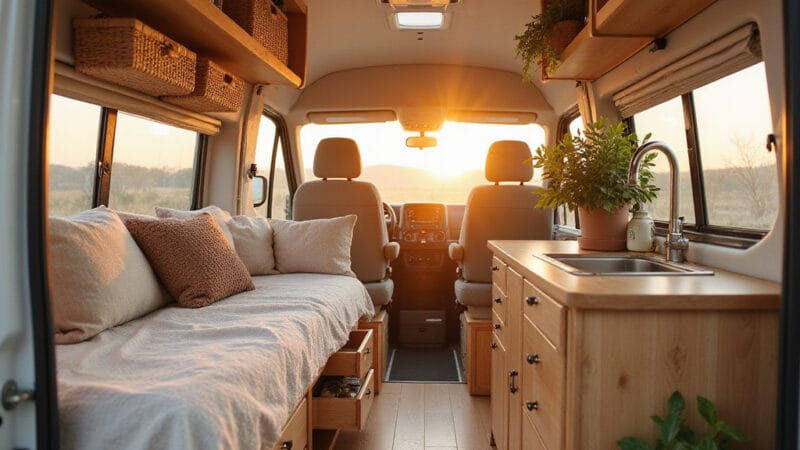 Camping-car avec rangements astucieux sous les sièges et parois, organisés avec des boîtes et filets.