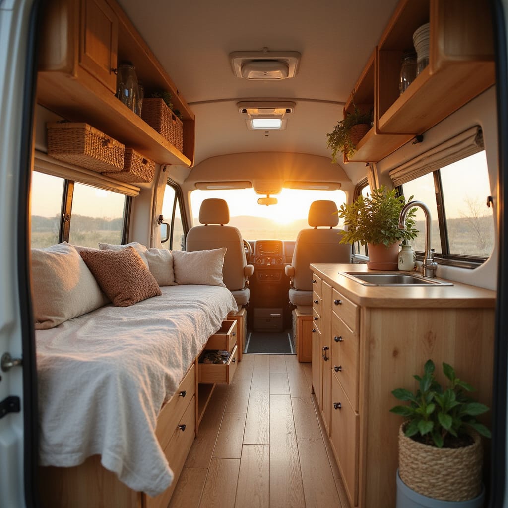 Camping-car avec rangements astucieux sous les sièges et parois, organisés avec des boîtes et filets.