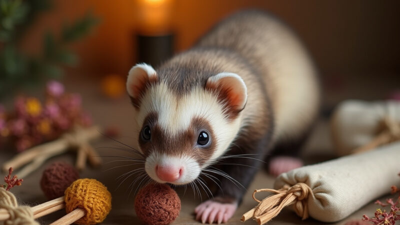 Alt-text : Un furet jouant avec un jouet olfactif DIY fait de carton et de tissu, reniflant une cachette de friandises. ```