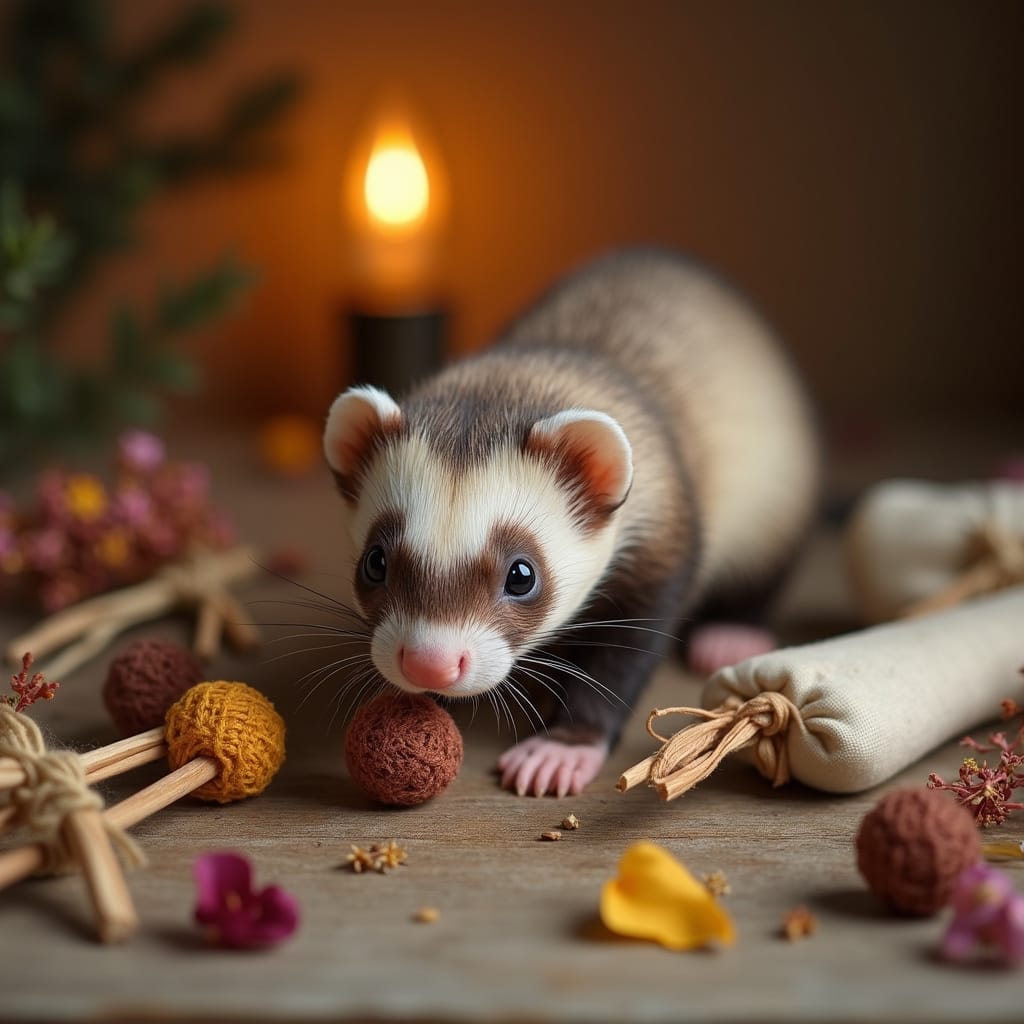 Alt-text : Un furet jouant avec un jouet olfactif DIY fait de carton et de tissu, reniflant une cachette de friandises. ```