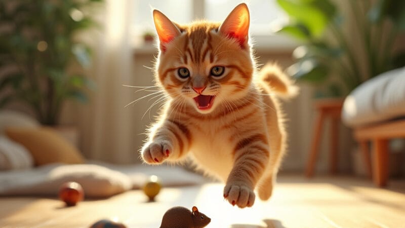 Alt-text for image : Chat jouant avec un jouet en sisal résistant, griffant et mordillant avec enthousiasme.