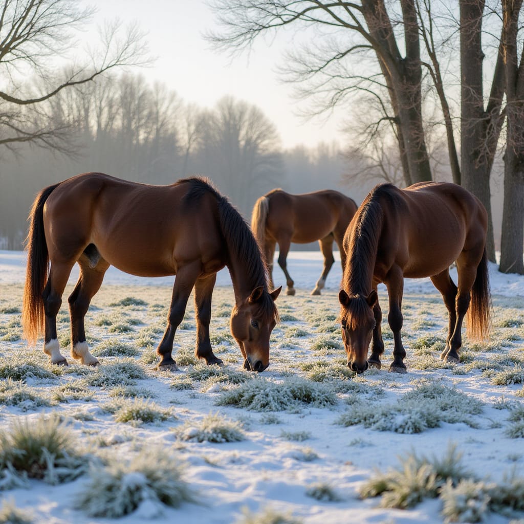 Alt-text : Un cheval mangeant du foin de qualité dans un pré enneigé durant lhiver.
