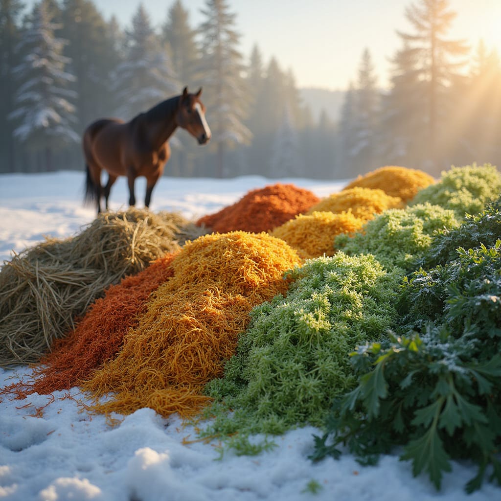 Alt-text : Un cheval mangeant du foin de qualité dans un pré enneigé durant lhiver.