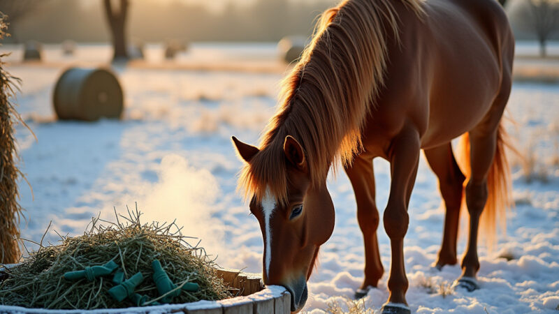 Alt-text : Un cheval mangeant du foin de qualité dans un pré enneigé durant lhiver.