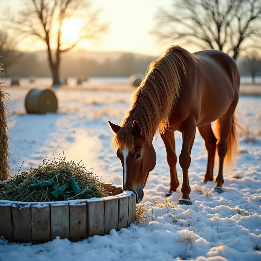 Alt-text : Un cheval mangeant du foin de qualité dans un pré enneigé durant lhiver.