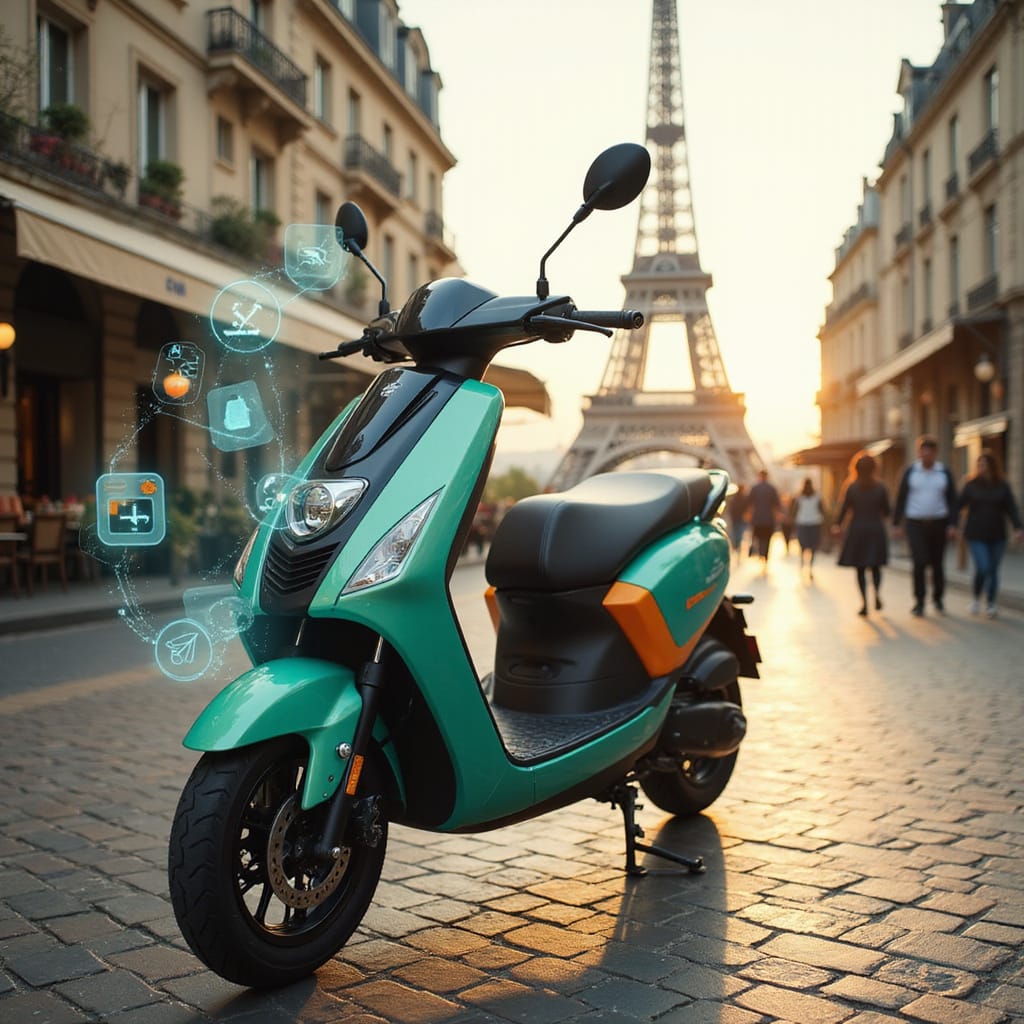 Alt-text : Un scooter électrique garé dans une rue urbaine, illustrant la commodité dun abonnement mensuel pour les déplacements en ville.