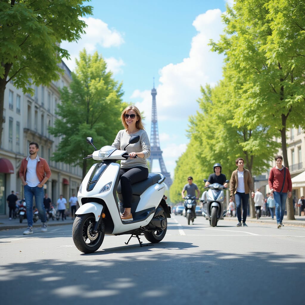 Alt-text : Un scooter électrique garé dans une rue urbaine, illustrant la commodité dun abonnement mensuel pour les déplacements en ville.