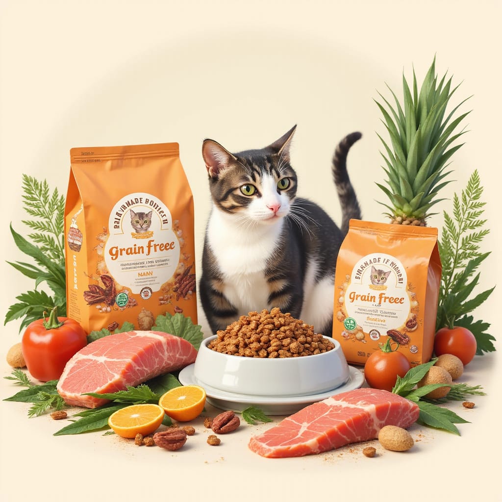 Chat mangeant un repas équilibré à base de viande et légumes, sans céréales ```